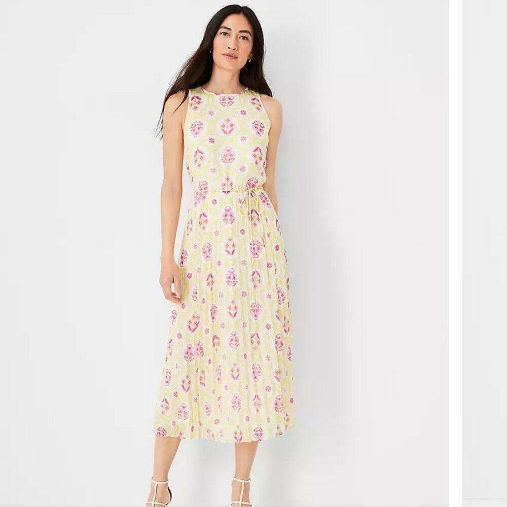 NWT Ann Taylor • Shimmer Tile Print Pleated Midi Dress • 8